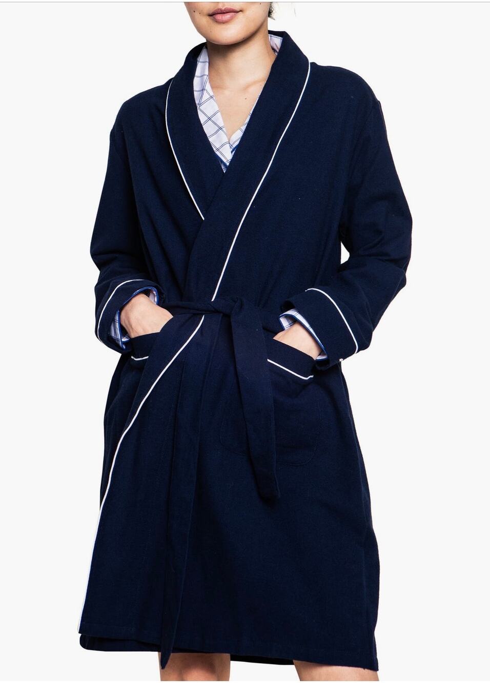 Petite Plume Navy Cotton Flannel Robe - Size Medium
